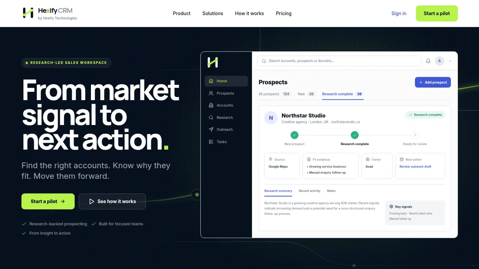 Hexify CRM live product interface for prospect research and follow-up